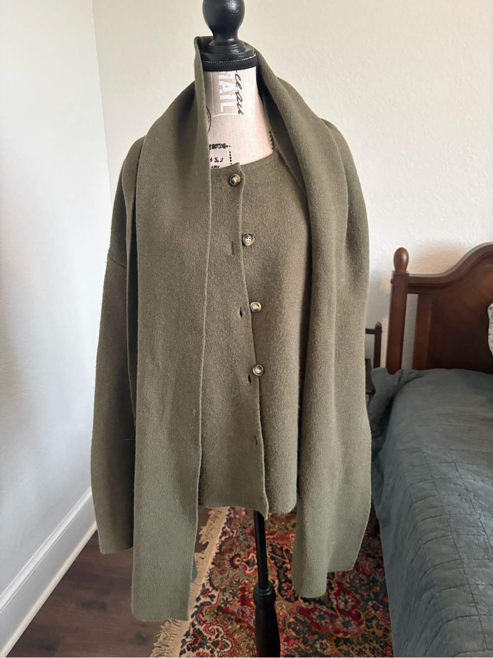 Commense Olive Green Knit Jacket with Attached Scarf
